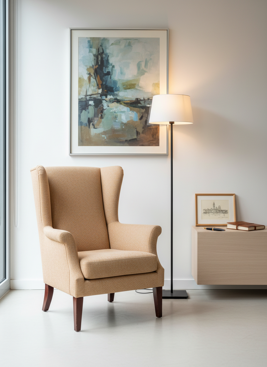A refined, symbolic “portrait” of Danielle Autrand represented by an elegant, high-backed chair upholstered in warm beige fabric, positioned slightly off-center in a bright, minimalist office. Behind the chair, a tasteful framed abstract artwork hangs on a white wall, suggesting depth of thought without depicting any text. A slender floor lamp with a matte black stem and soft white shade casts warm, diffused light, creating a halo-like glow around the chair. On a nearby sideboard sit an old-style fountain pen, a leather-bound notebook, and a small framed outline of Lyon’s skyline. Photographic realism, shallow depth of field, calm and professional atmosphere, captured at eye level to suggest presence, experience, and attentive listening without showing a human figure.