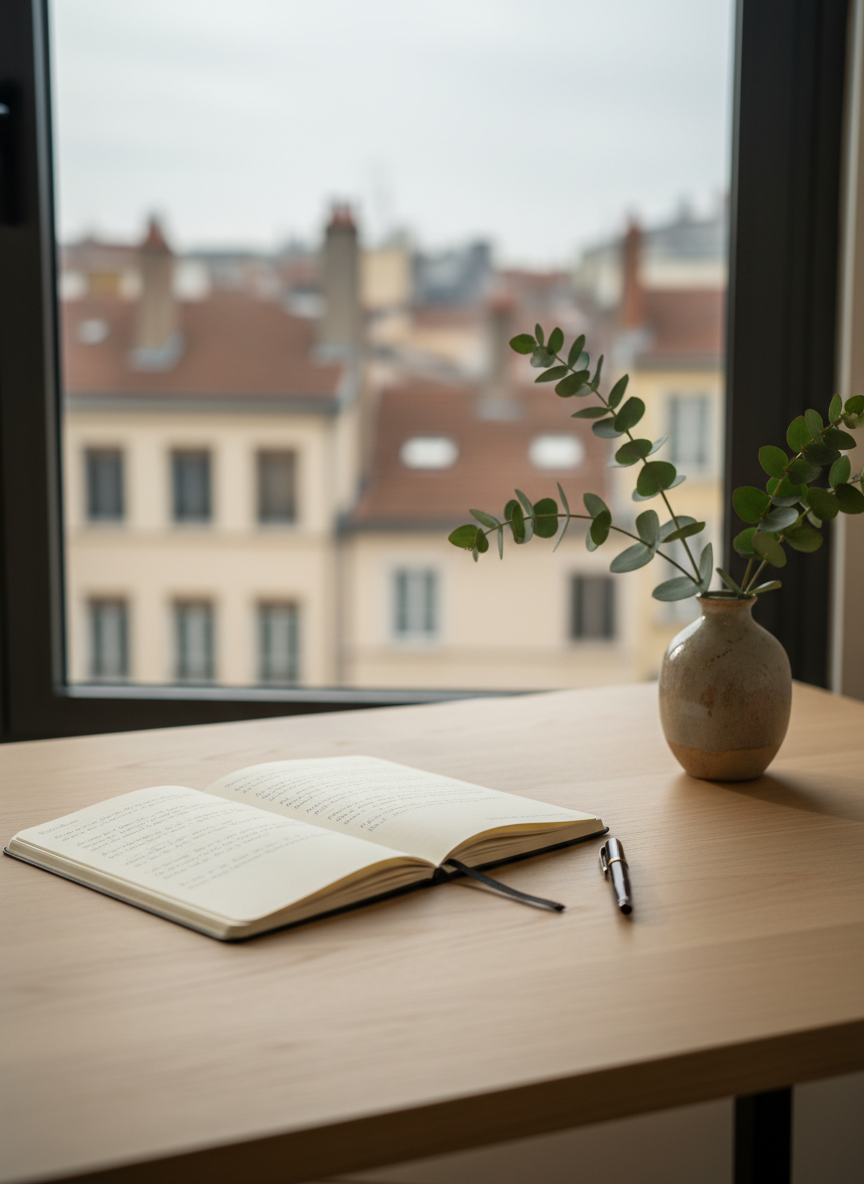 A close-up, photographic view of a consultation desk in a Lyon psychology practice, featuring a pale oak surface with a smooth matte finish. At the center lies an open cream-colored notebook with neat, anonymous handwriting partially out of focus, beside a fine-tip black pen. To the side stands a small, textured ceramic vase holding eucalyptus branches, adding natural softness. In the blurred background, a large window reveals muted rooftops typical of Lyon’s cityscape. Soft morning daylight streams in, creating subtle highlights on the desk’s grain and a gentle gradient of light across the page. Shot from a slightly elevated angle with shallow depth of field, the mood is focused, discreet, and professional, evoking concentration and careful listening.