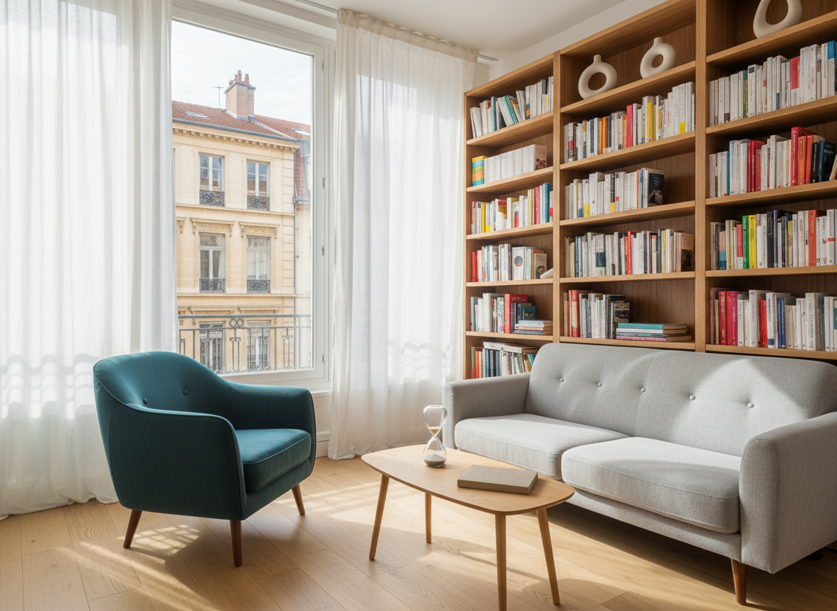 A serene psychology consultation room designed for one-on-one sessions, with a deep teal fabric armchair facing a soft gray sofa separated by a small light-wood coffee table. On the table rests a simple sand timer and a closed linen notebook, symbolizing reflection. Floor-to-ceiling shelves along the back wall hold neatly arranged psychology books and a few abstract sculptures. Large windows reveal a soft-focus glimpse of classic Lyon architecture outside. Natural afternoon light filters through sheer white curtains, casting gentle shadows and a calm, even glow. Photographic realism, eye-level composition with a slightly wide angle, clean and professional mood, emphasizing trust, stability, and a welcoming therapeutic environment.